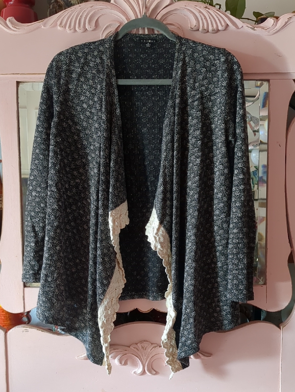 Open-Front Charcoal Knit Cardigan with Cream Lace Trim